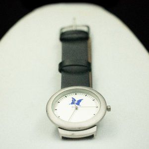 SILVER-TONE QUARTZ WATCH WITH BLUE BUTTERFLY DESIGN, & BLACK STRAP -JWTSQB1